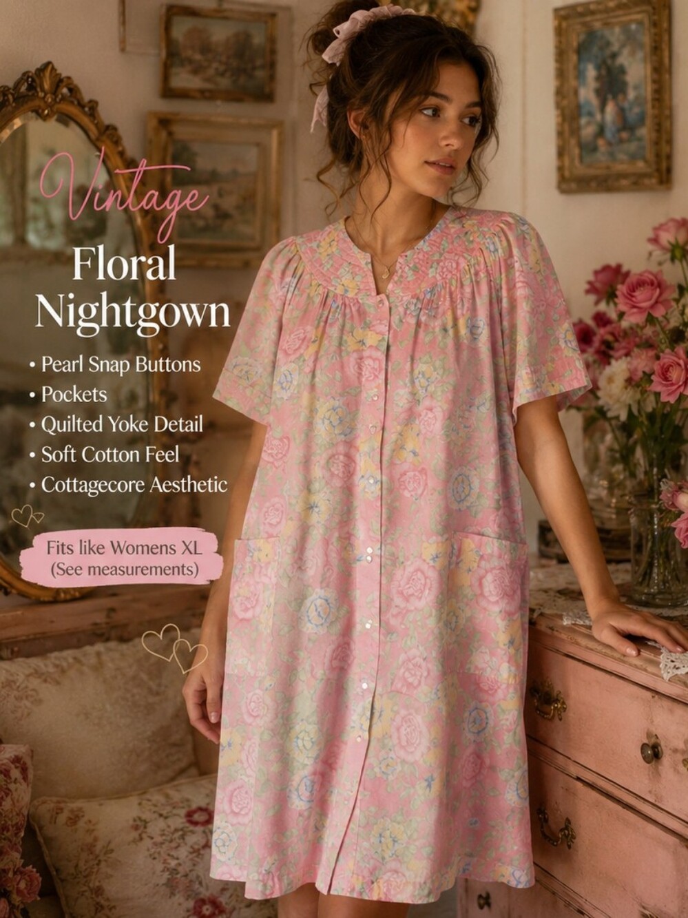 VINTAGE Nightgown Womens XL Pink Floral Pearl Snap Cottagecore Prairie Nap Dress